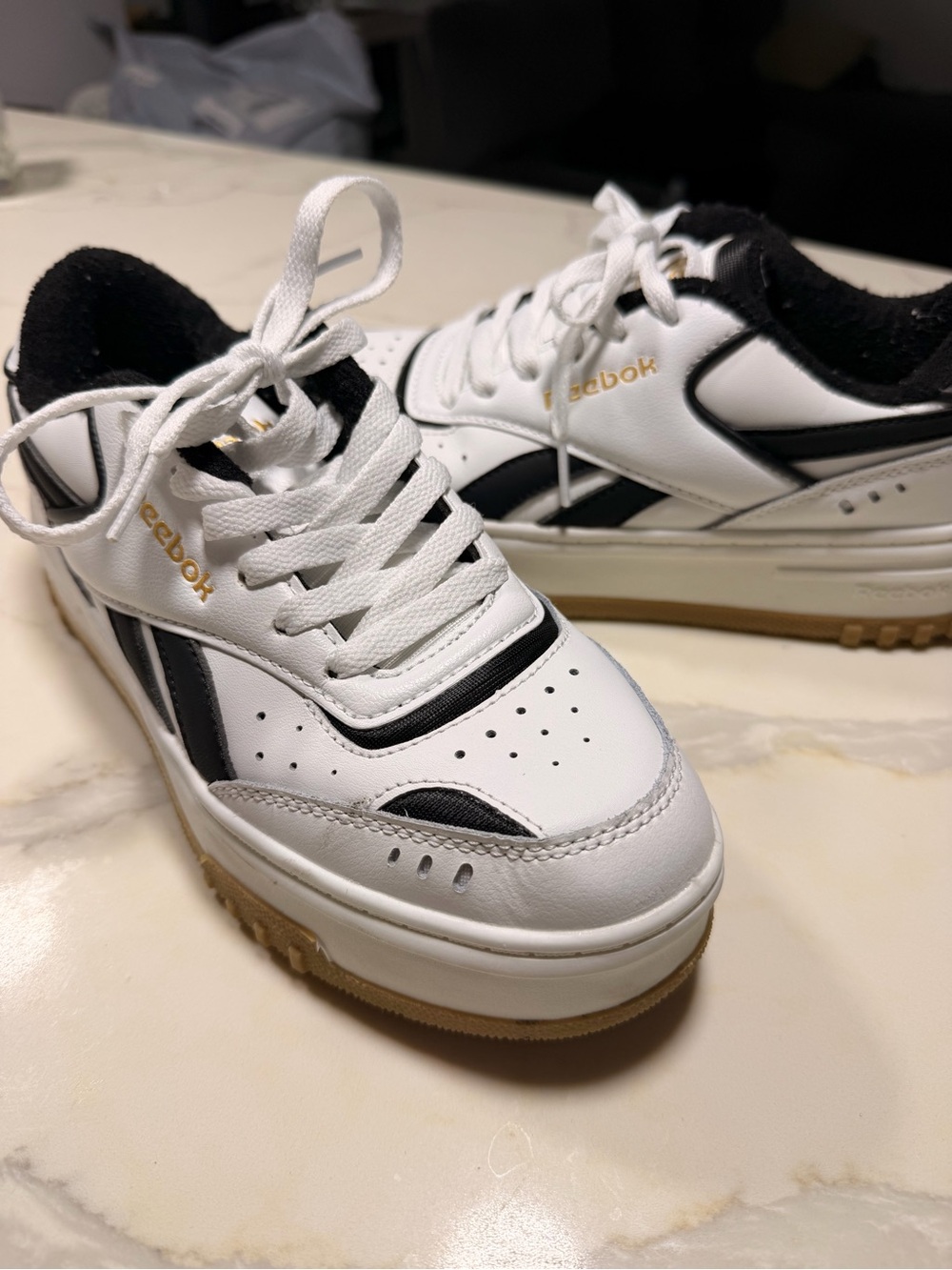 Reebok White, Black & Gold Leather Low-Top Sneakers